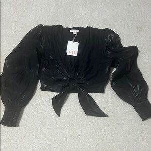 Gianni Bini Black Satin Blouse with Tie Detail